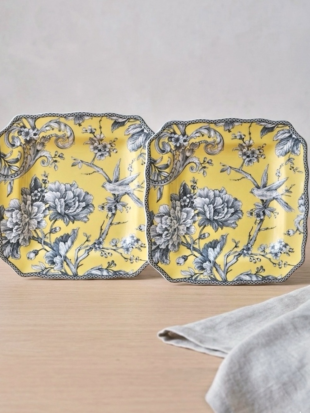 222 Fifth Adelaide Yellow Porcelain 8.5” Toile Floral Salad Plate Set of 2
